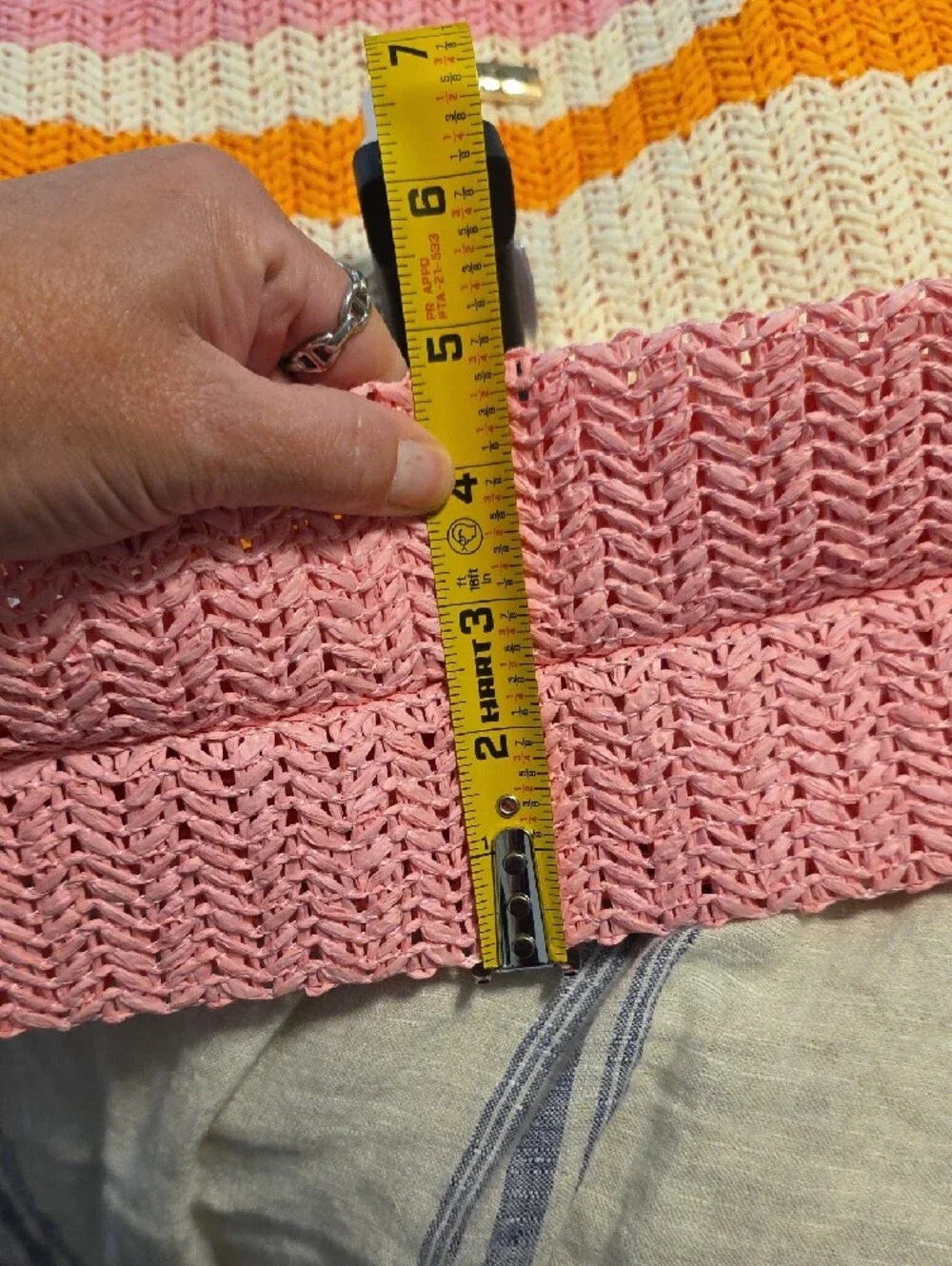 Kopari Pink, Orange & White Striped Woven Tote with Tan Handles
